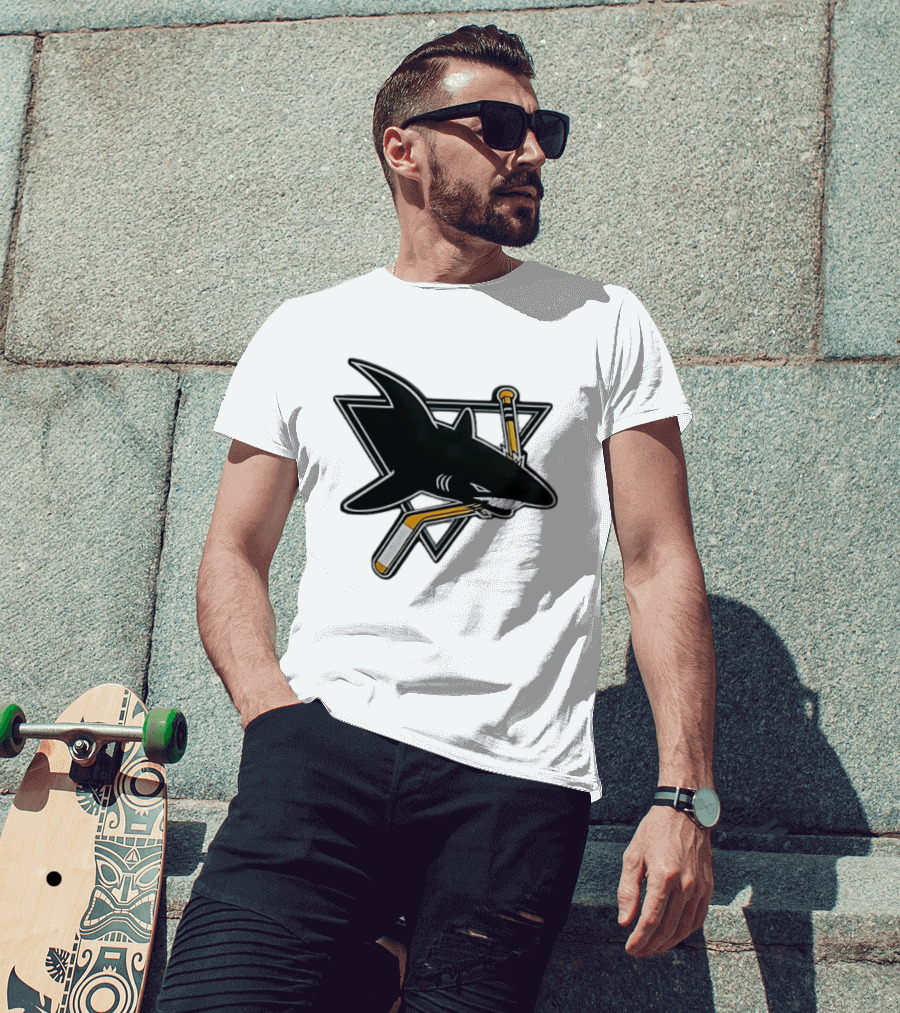 San Jose Sharks Biting Hockey Stick Triangle Sports T-Shirt