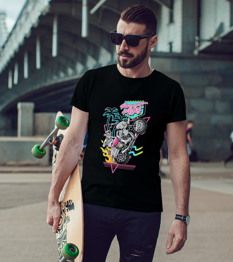 Bagger Misfits Skeleton Motorcycle Wheelie Neon 80s Palm Trees T-Shirt