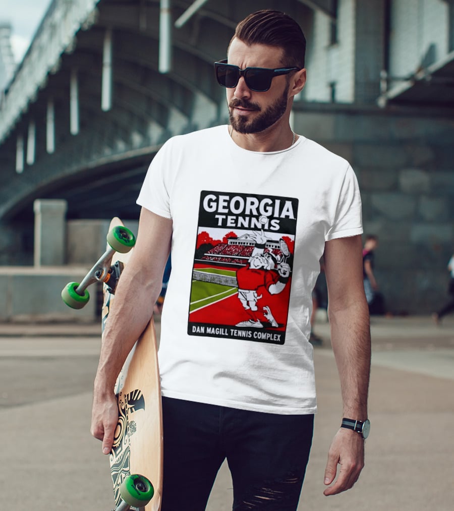Georgia Tennis Dan Magill Tennis Complex Cartoon Character Court Scene T-Shirt