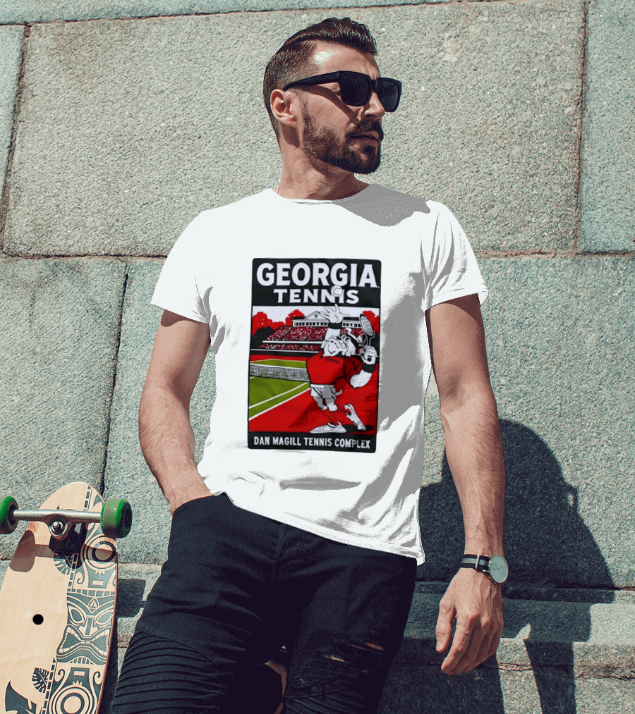 Georgia Tennis Dan Magill Tennis Complex Cartoon Character Court Scene T-Shirt