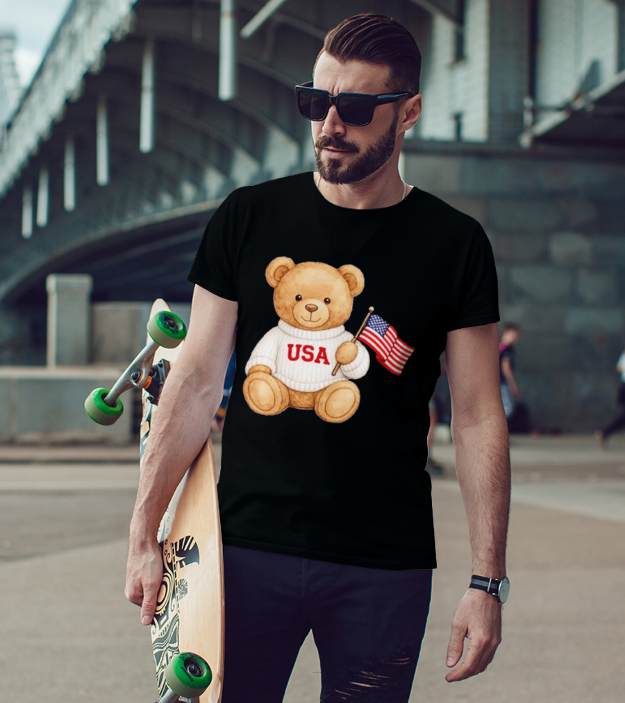 USA Teddy Bear Holding American Flag T-Shirt