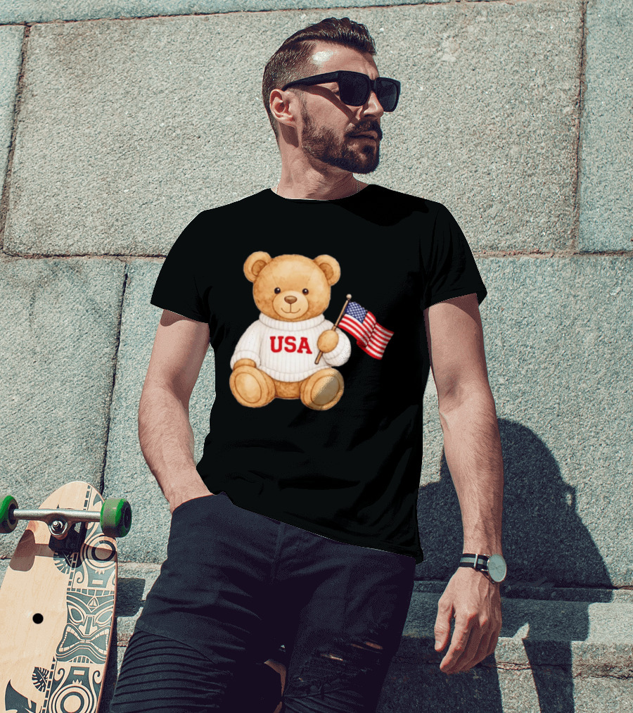 USA Teddy Bear Holding American Flag T-Shirt