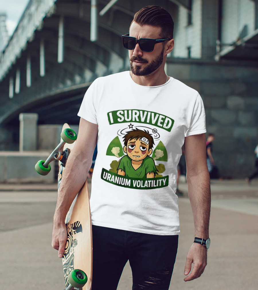 I Survived Uranium Volatility Exhausted Cartoon Character Wearing Torn Green T-Shirt