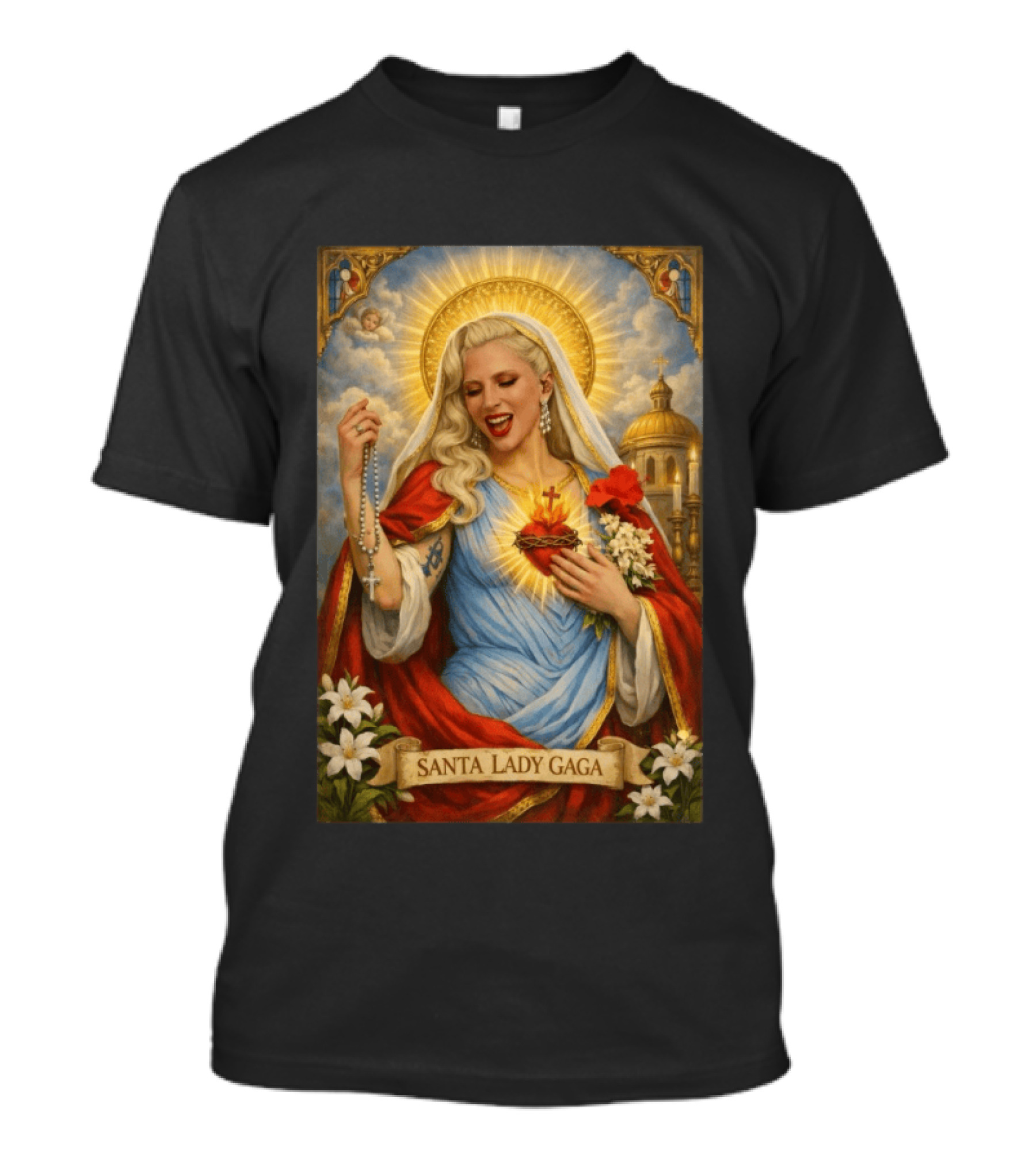 Santa Lady Gaga Sacred Heart Imagery With Rosary And Golden Halo T-Shirt