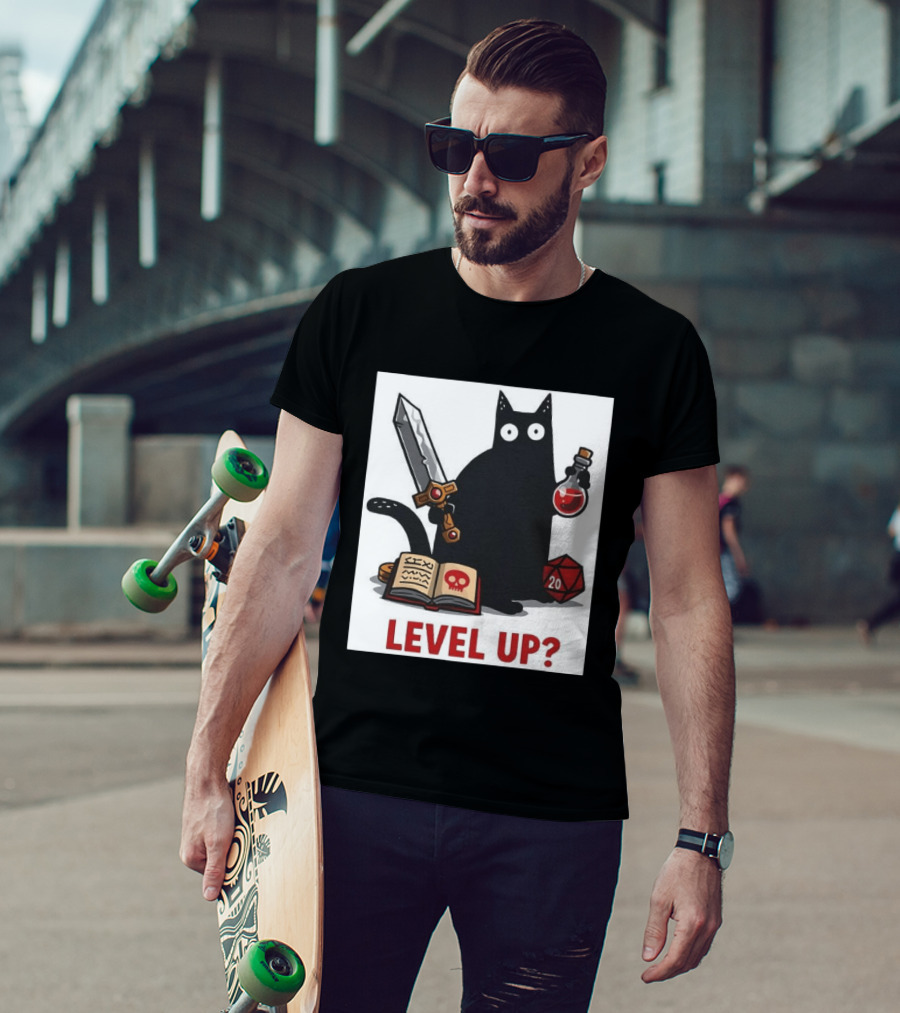 Black Cat Level Up Sword Potion D20 Dice Book Dungeons And Dragons T-Shirt
