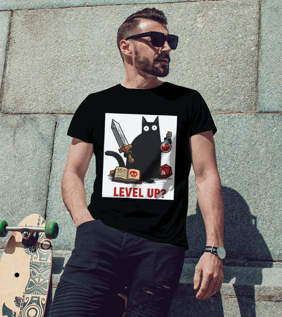 Black Cat Level Up Sword Potion D20 Dice Book Dungeons And Dragons T-Shirt