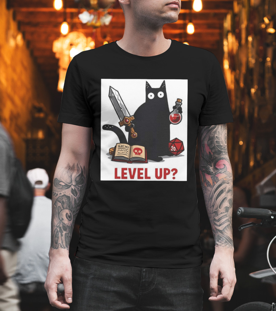 Black Cat Level Up Sword Potion D20 Dice Book Dungeons and Dragons T-Shirt