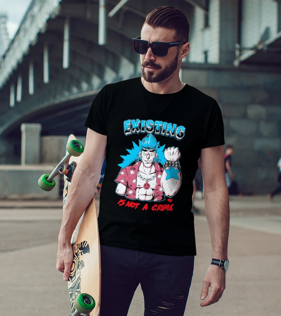 EXISTING IS NOT A CRIME Anime Punk Character Blue Hair Star Tattoo T-Shirt