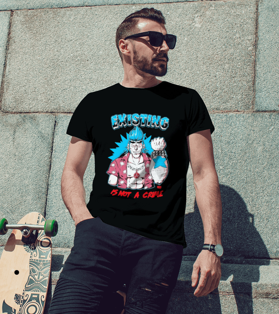 EXISTING IS NOT A CRIME Anime Punk Character Blue Hair Star Tattoo T-Shirt