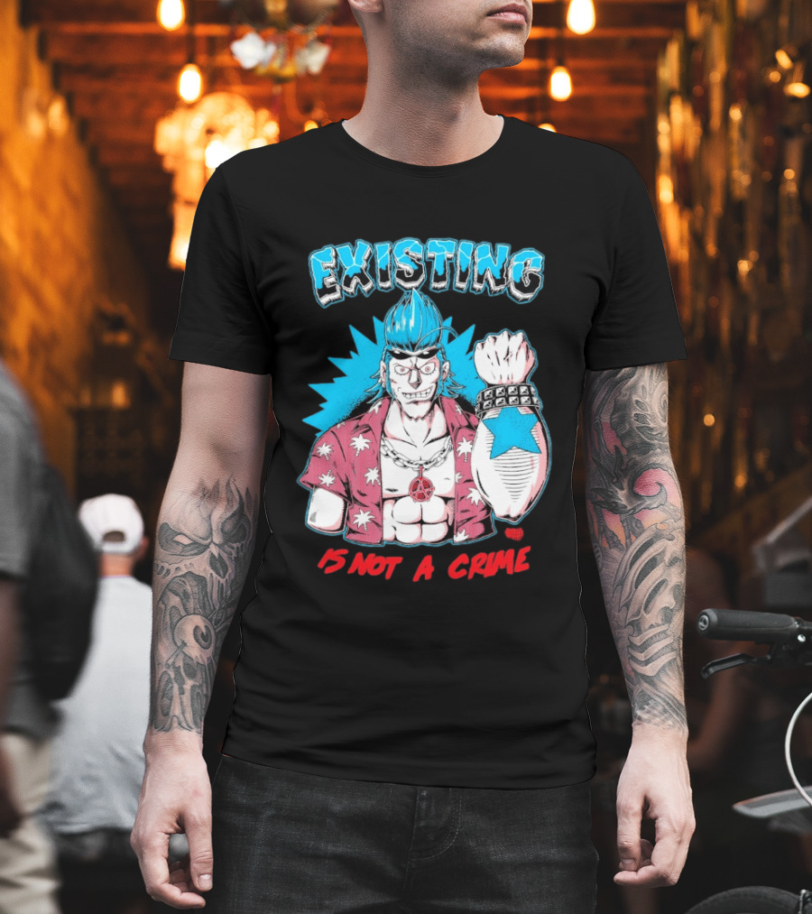 EXISTING IS NOT A CRIME Anime Punk Character Blue Hair Star Tattoo T-Shirt