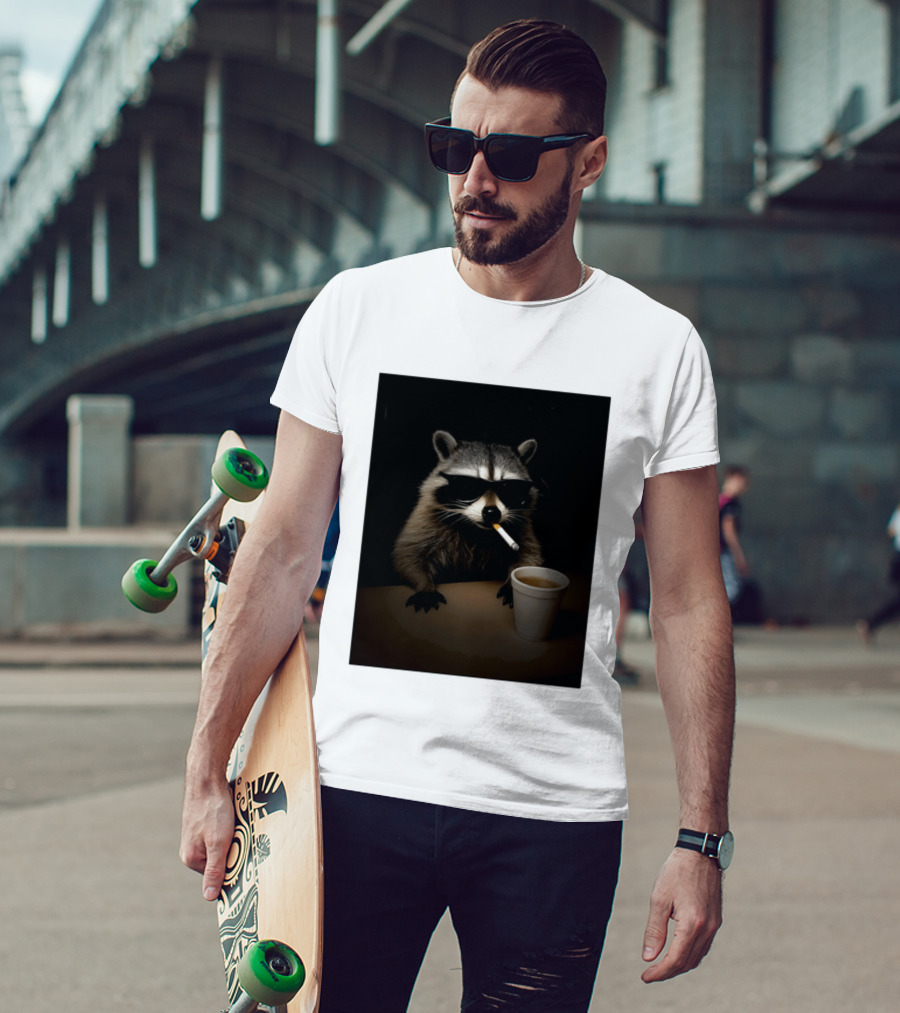 Raccoon Drinking Coffee Smoking Cigarette Wearing Sunglasses T-Shirt