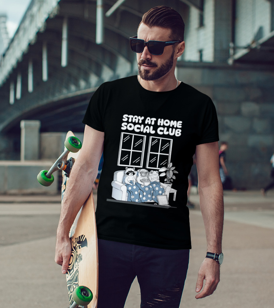 Stay At Home Social Club Raccoon Pug Frog Sofa Window Plant Scene T-Shirt