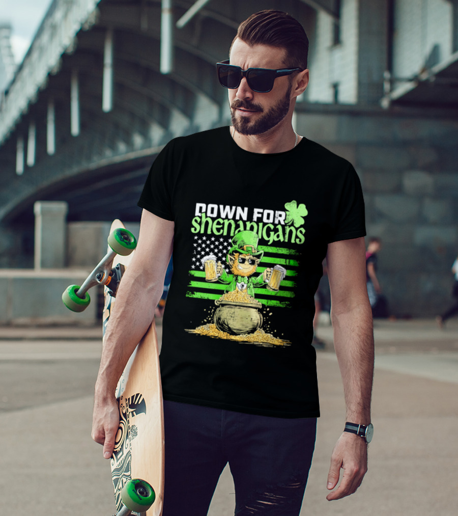 Down For Shenanigans Leprechaun With Beers And Clover American Flag T-Shirt