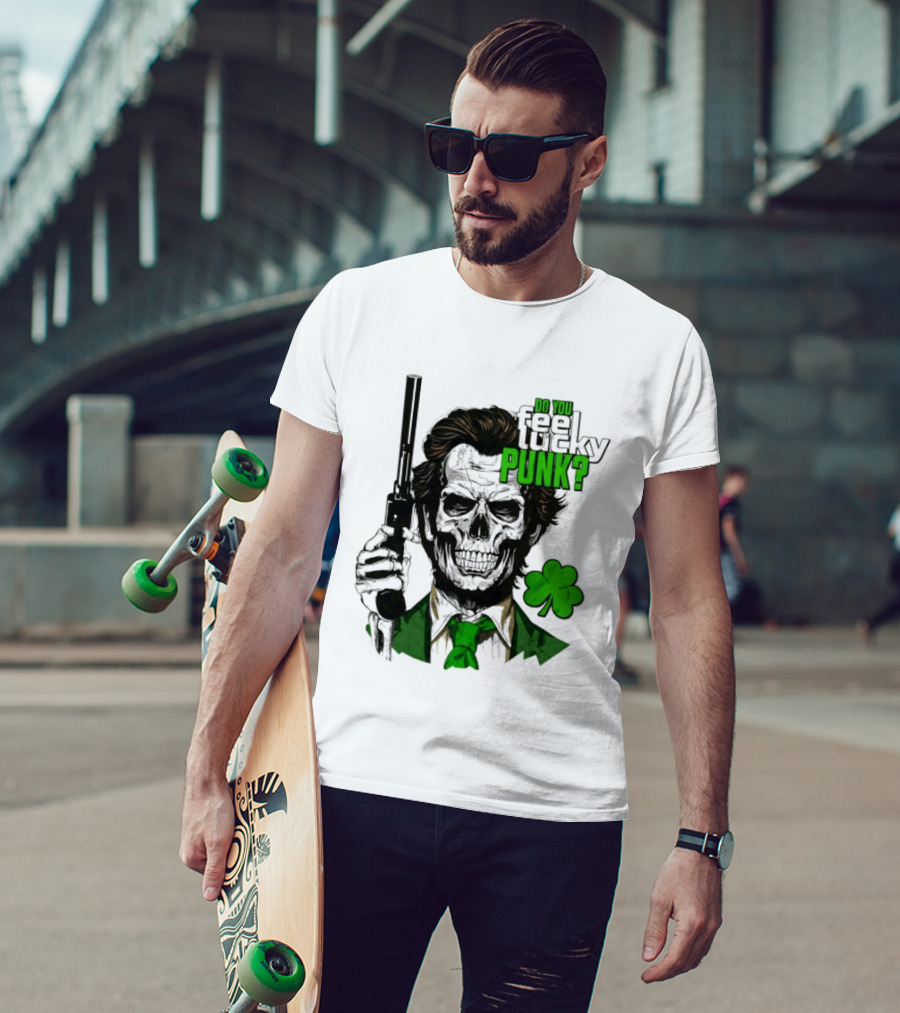 Do You Feel Lucky Punk Skull Gun Shamrock T-Shirt