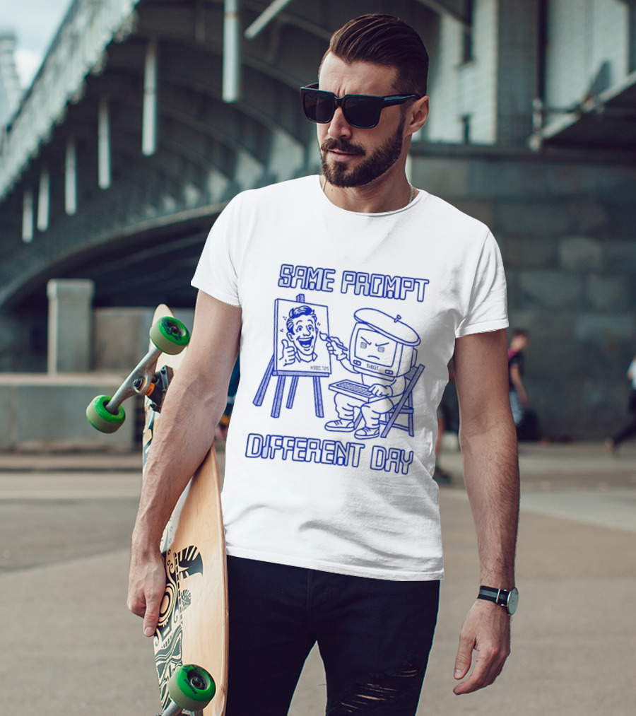 Same Prompt Different Day AI Painter Cartoon With Easel And T-Shirt