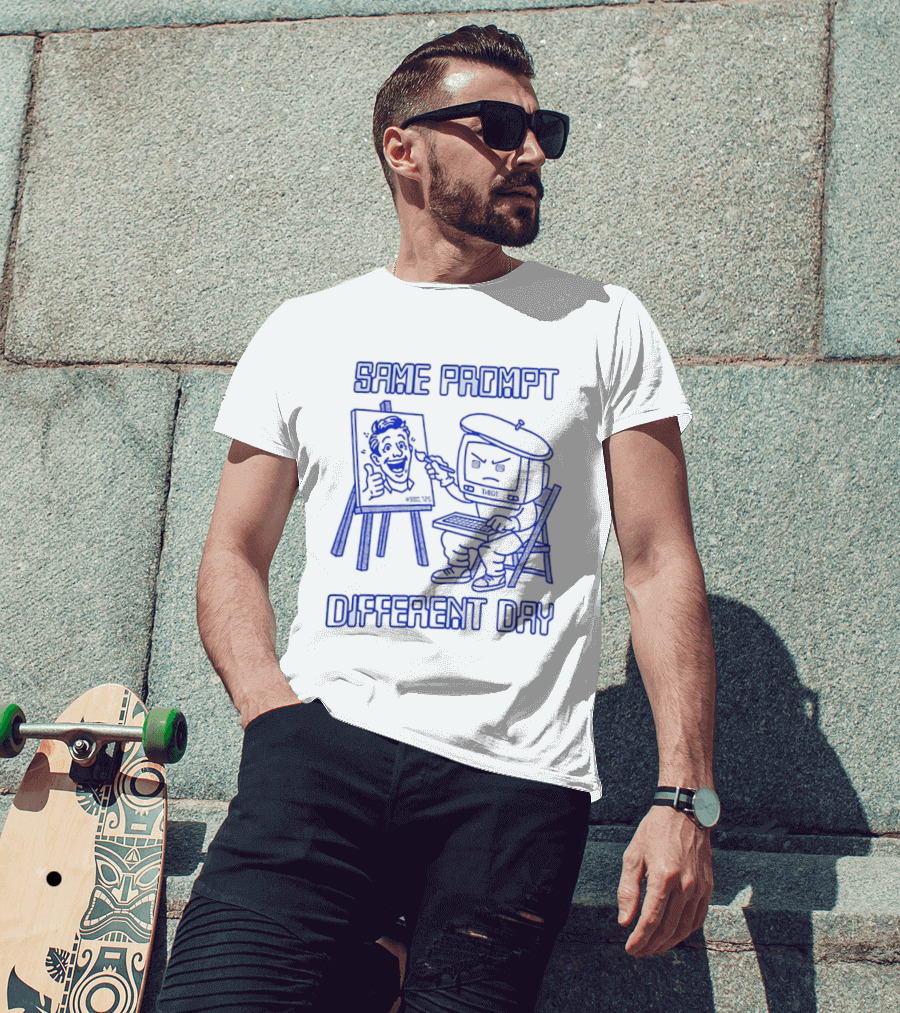 Same Prompt Different Day AI Painter Cartoon With Easel And T-Shirt