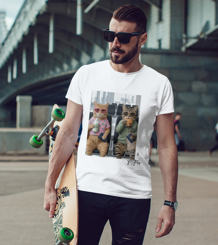 Tabitha & Mittens Airport Adventure Cats With Heart Glasses Milkshake Burger Passport T-Shirt