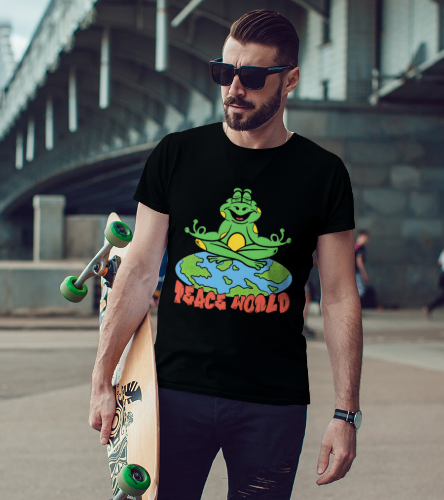 Meditating Frog Sitting On Planet Earth Peace World T-Shirt