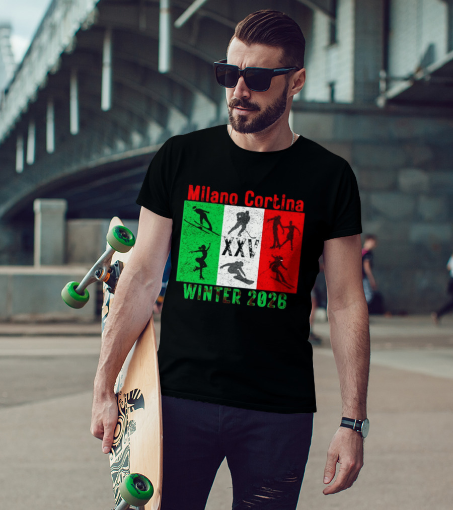 Milano Cortina Winter 2026 Italy Flag XXV Skiing Skating Snowboarding T-Shirt
