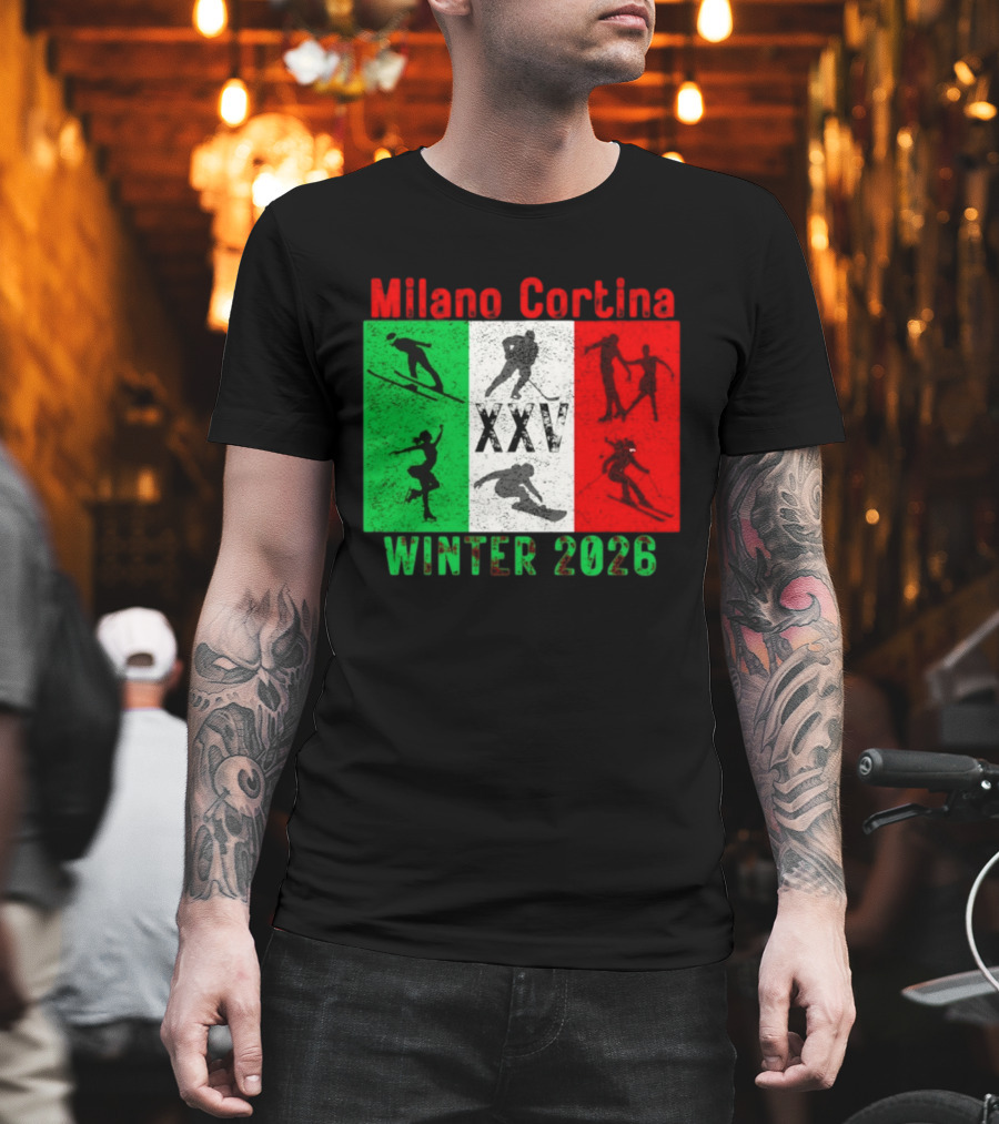 Milano Cortina Winter 2026 Italy Flag XXV Skiing Skating Snowboarding T-Shirt