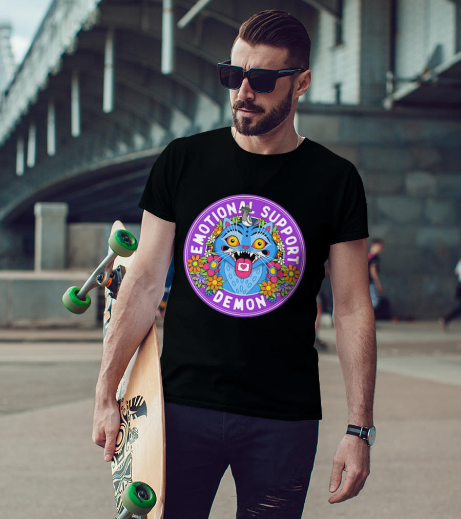 Emotional Support Derpy Demon Cat Surrounded By Flowers And Bird T-Shirt