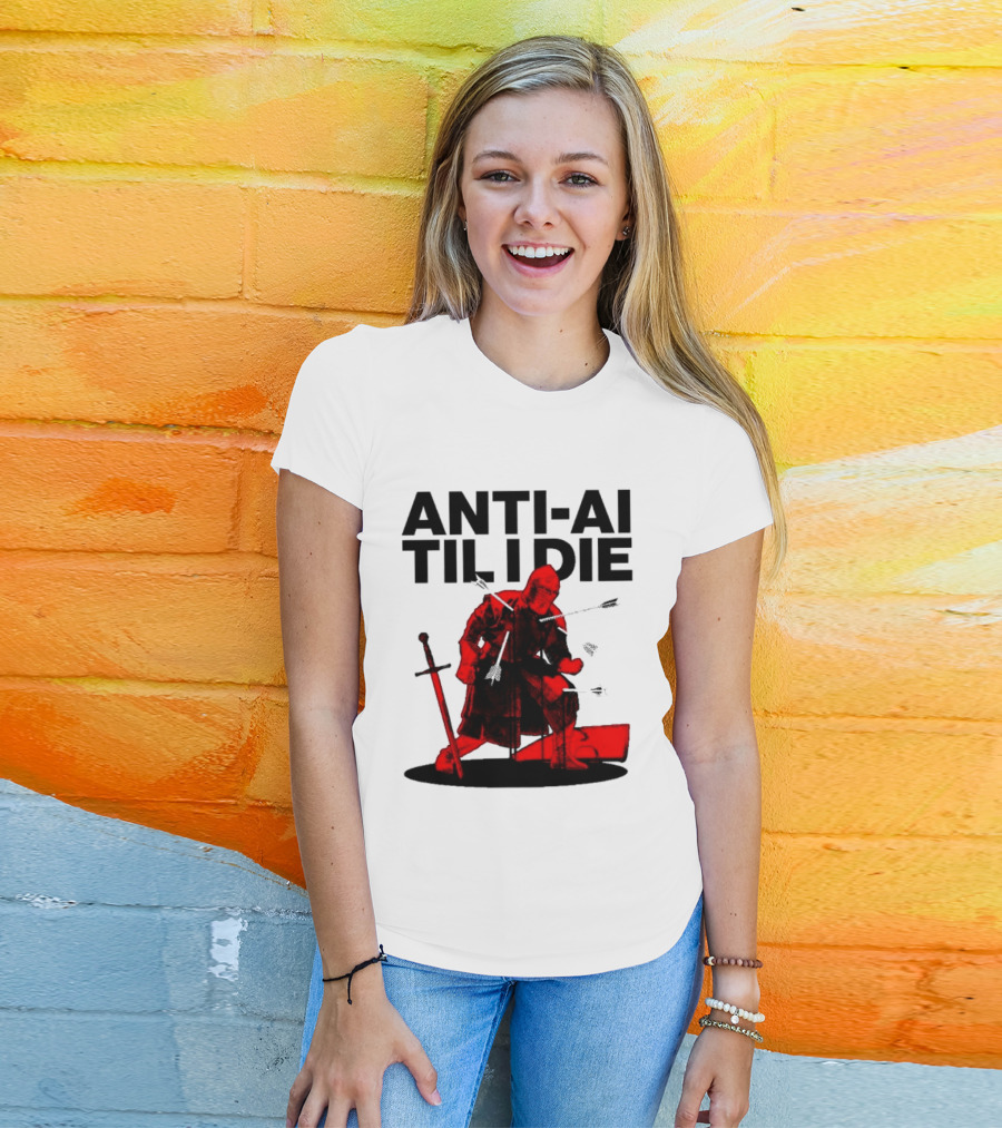 ANTI AI TIL I DIE Medieval Warrior Kneeling With Sword And Arrows T-Shirt