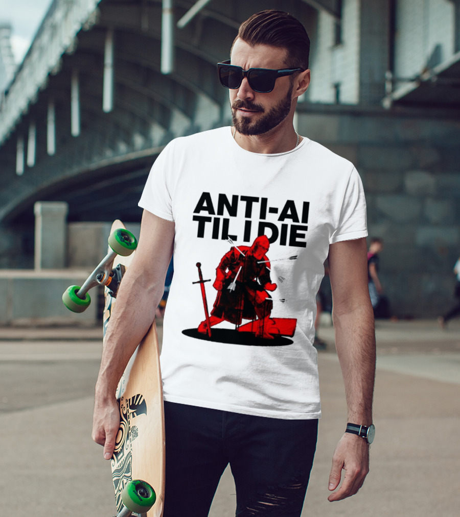 ANTI AI TIL I DIE Medieval Warrior Kneeling With Sword And Arrows T-Shirt
