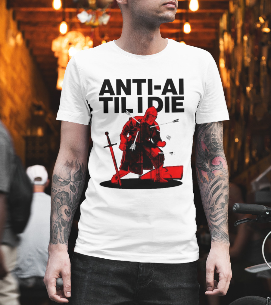 ANTI AI TIL I DIE Medieval Warrior Kneeling with Sword and Arrows T-Shirt
