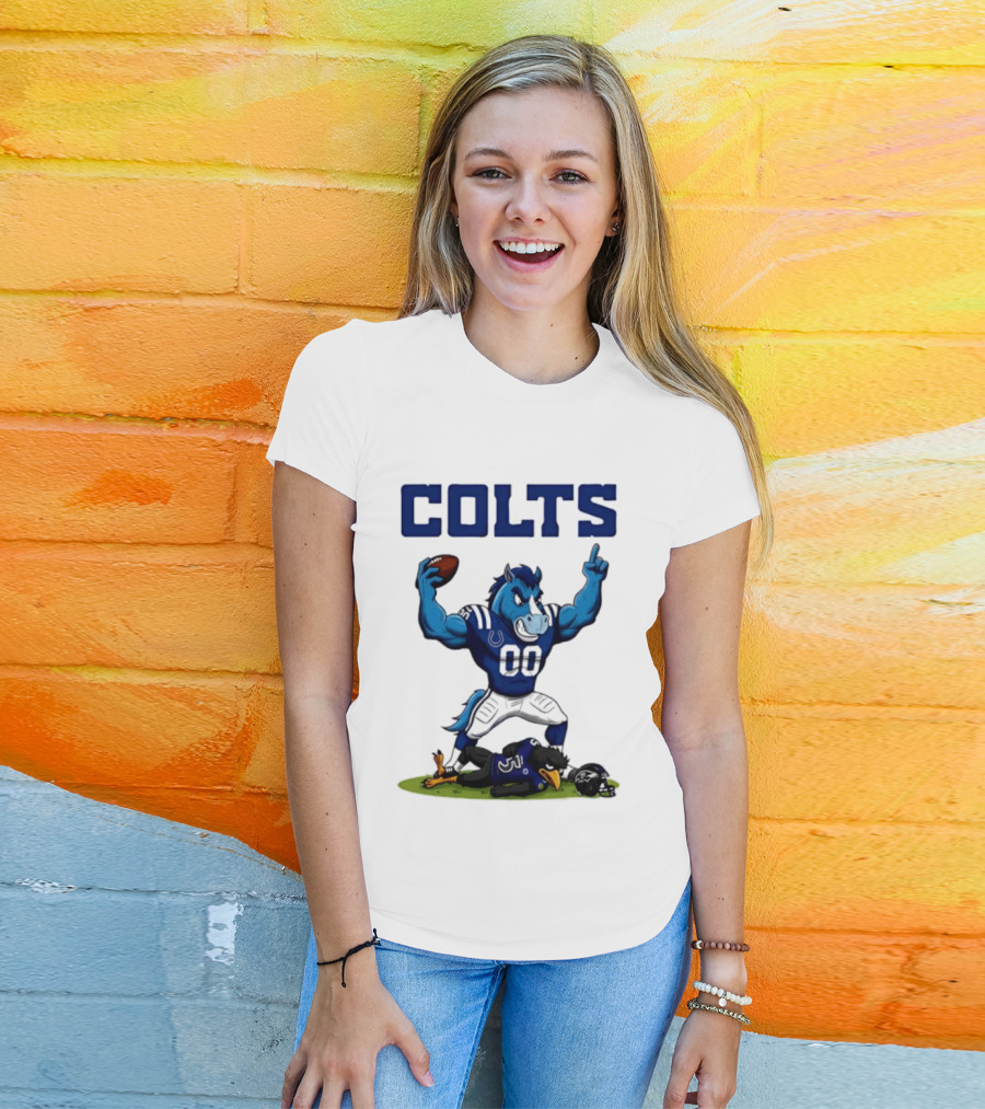 Indianapolis Colts Horse Mascot Defeats Baltimore Ravens Bird Rivalry Football Showdown T-Shirt