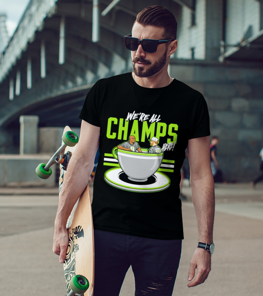 We're All Champs Here Kenneth Walker III Sam Darnold Seattle Tea Cup T-Shirt