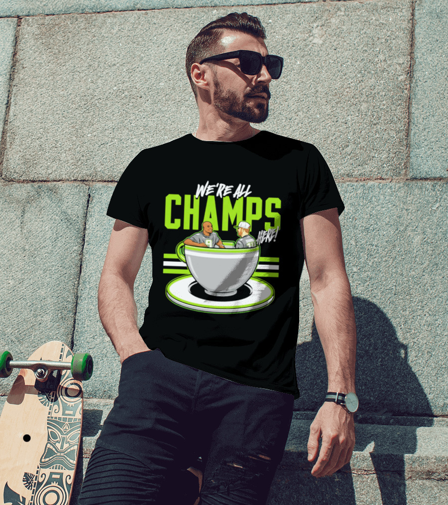 We're All Champs Here Kenneth Walker III Sam Darnold Seattle Tea Cup T-Shirt