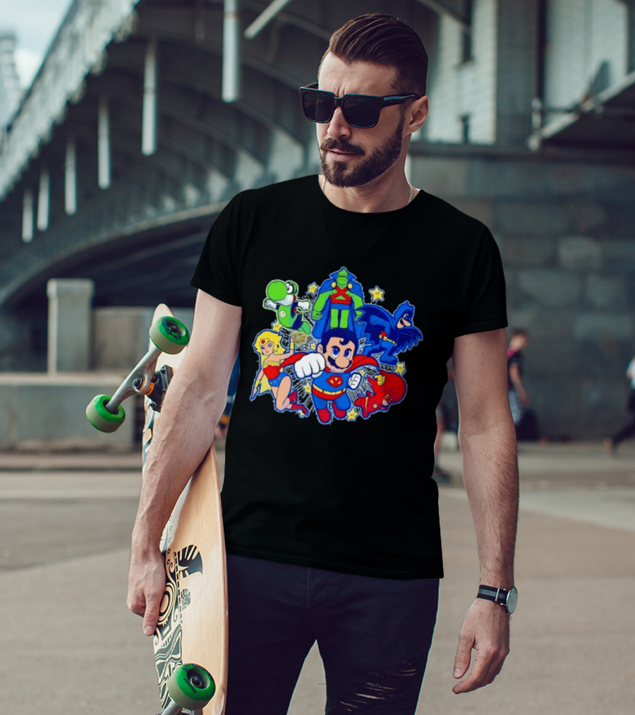 Justice League Mario Bros Crossover With Yoshi Batman Flash Wonder Woman Martian Manhunter T-Shirt