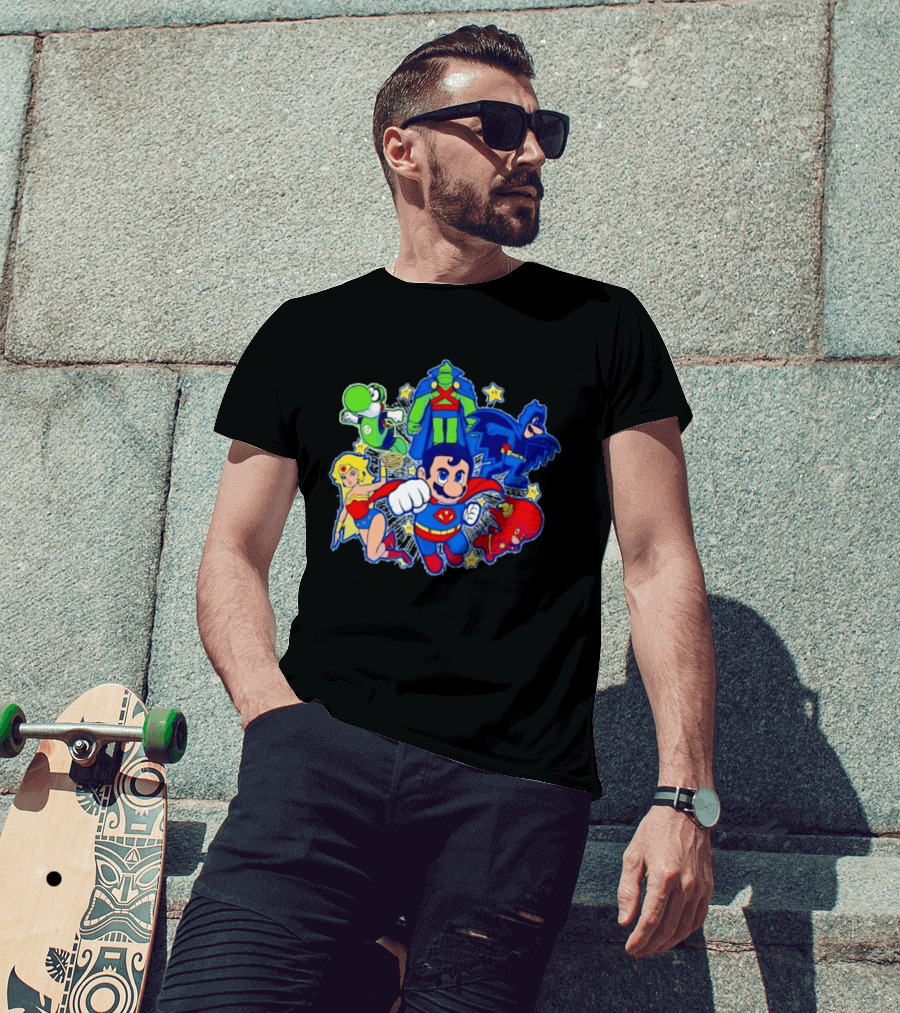 Justice League Mario Bros Crossover With Yoshi Batman Flash Wonder Woman Martian Manhunter T-Shirt