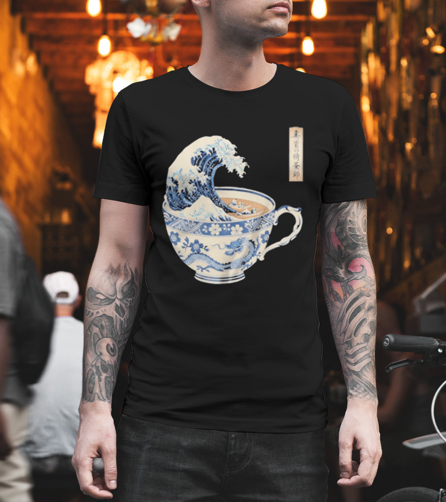 The Great Kanagawa Tea Cup Ukiyo e Wave Meets Dragon Porcelain T-Shirt