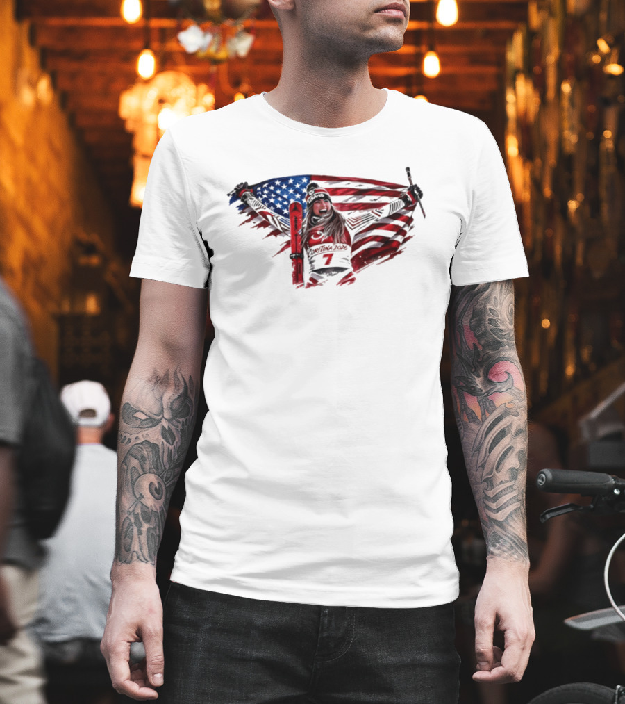 USA Winter Olympic Mikaela Shiffrin American Flag Skier T-Shirt