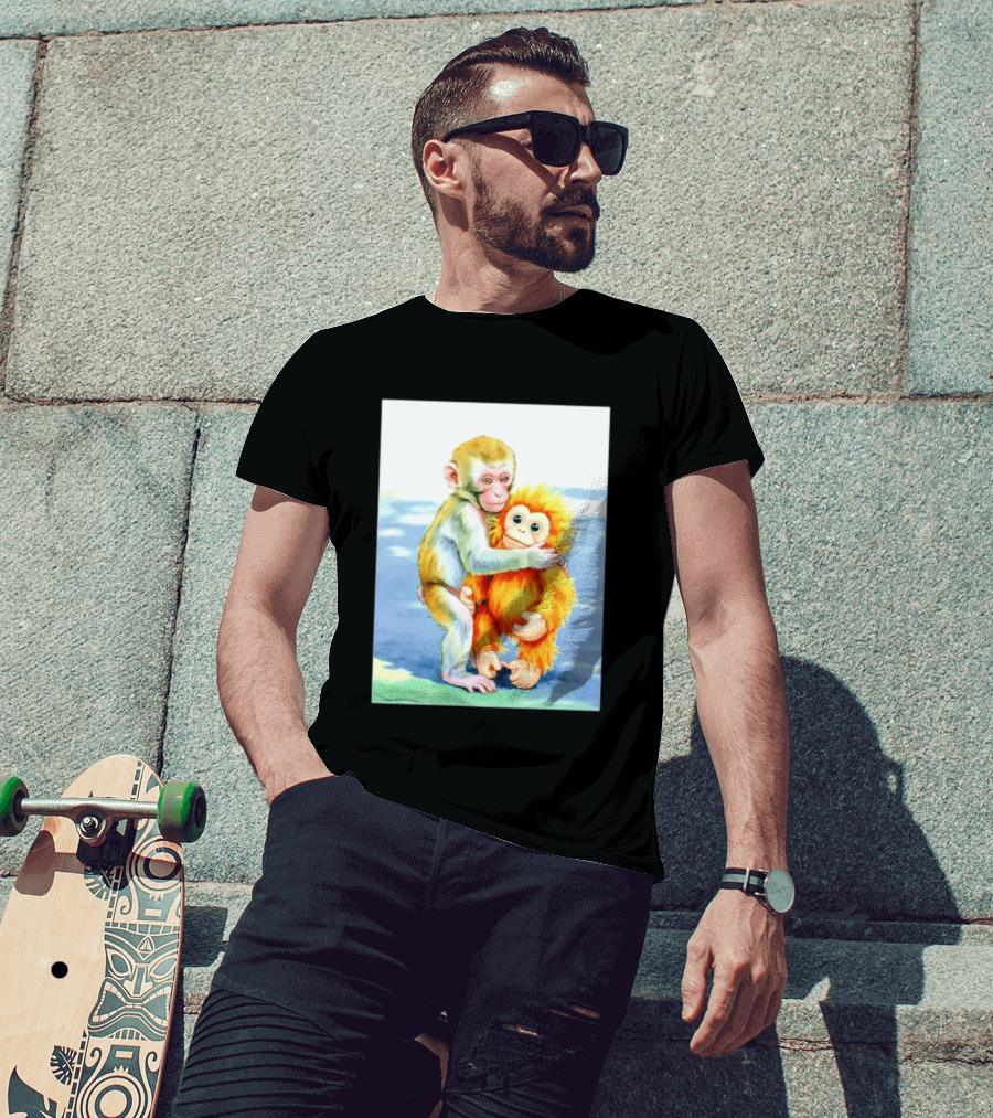 Adorable Monkey Cuddling Orange Plush Toy Scene T-Shirt