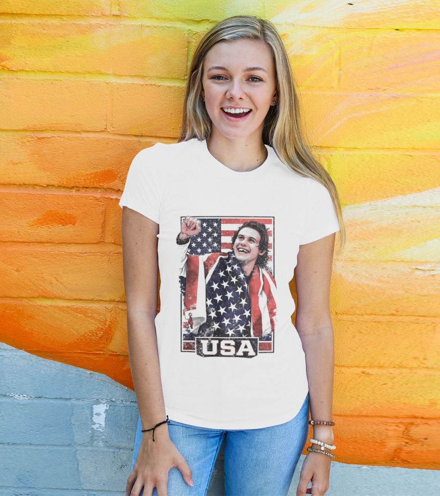 Jack Hughes USA Gold Medal Milano Cortina 2026 American Flag Hockey T-Shirt
