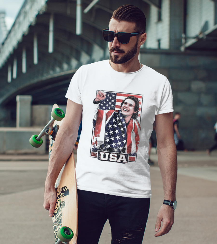 Jack Hughes USA Gold Medal Milano Cortina 2026 American Flag Hockey T-Shirt