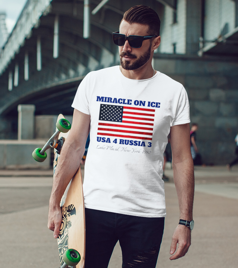 Miracle On Ice USA 4 Russia 3 American Flag Lake Placid New York 1980 Olympic 2026 Milano Cortina T-Shirt