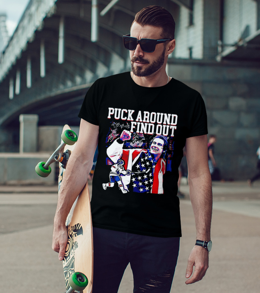 Puck Around Find Out Jack Hughes USA Hockey American Flag Celebration T-Shirt