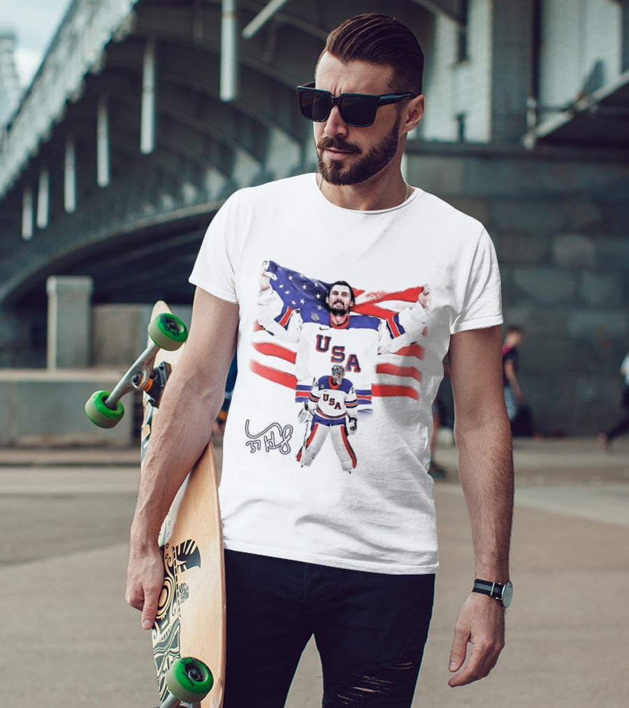 Connor Hellebuyck Team USA Olympic Gold Celebration Hockey Player With American Flag T-Shirt