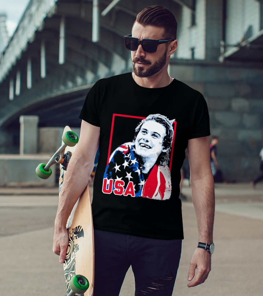 USA Flag Happy Athlete Red Frame American Pride T-Shirt