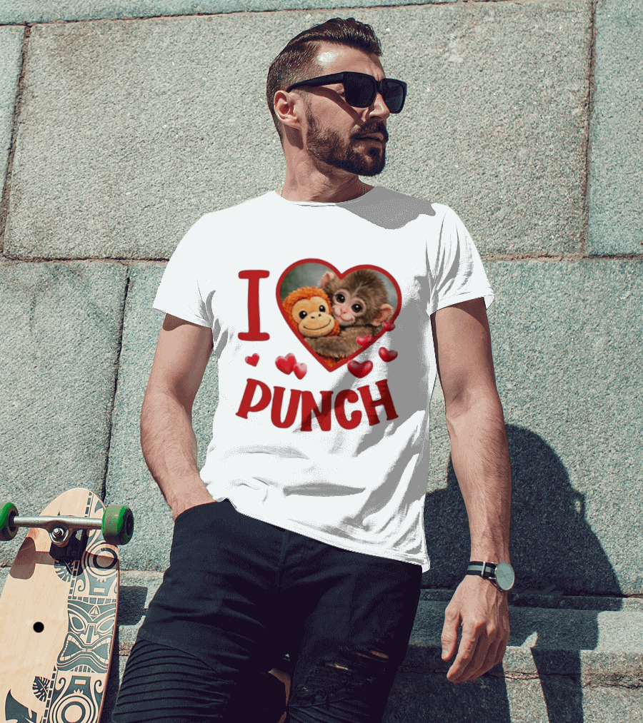 I Love Punch Heart Cute Monkey Hugging Furry Friend T-Shirt