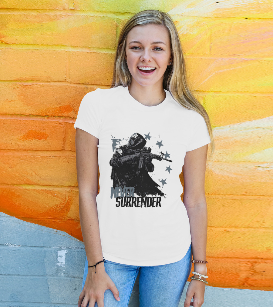 Never Surrender Reaper With Hooded Figure And Rifle T-Shirt