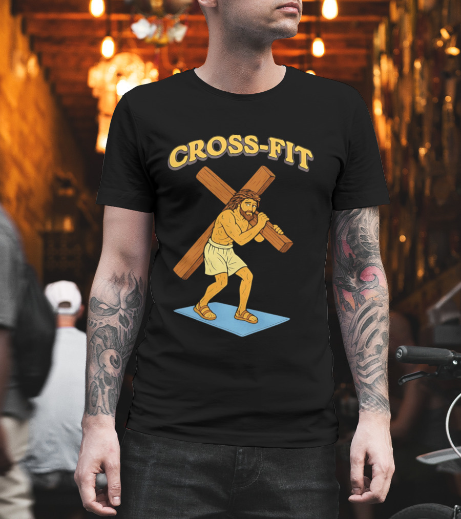 Cross Fit Jesus Cartoon Carrying Cross T-Shirt