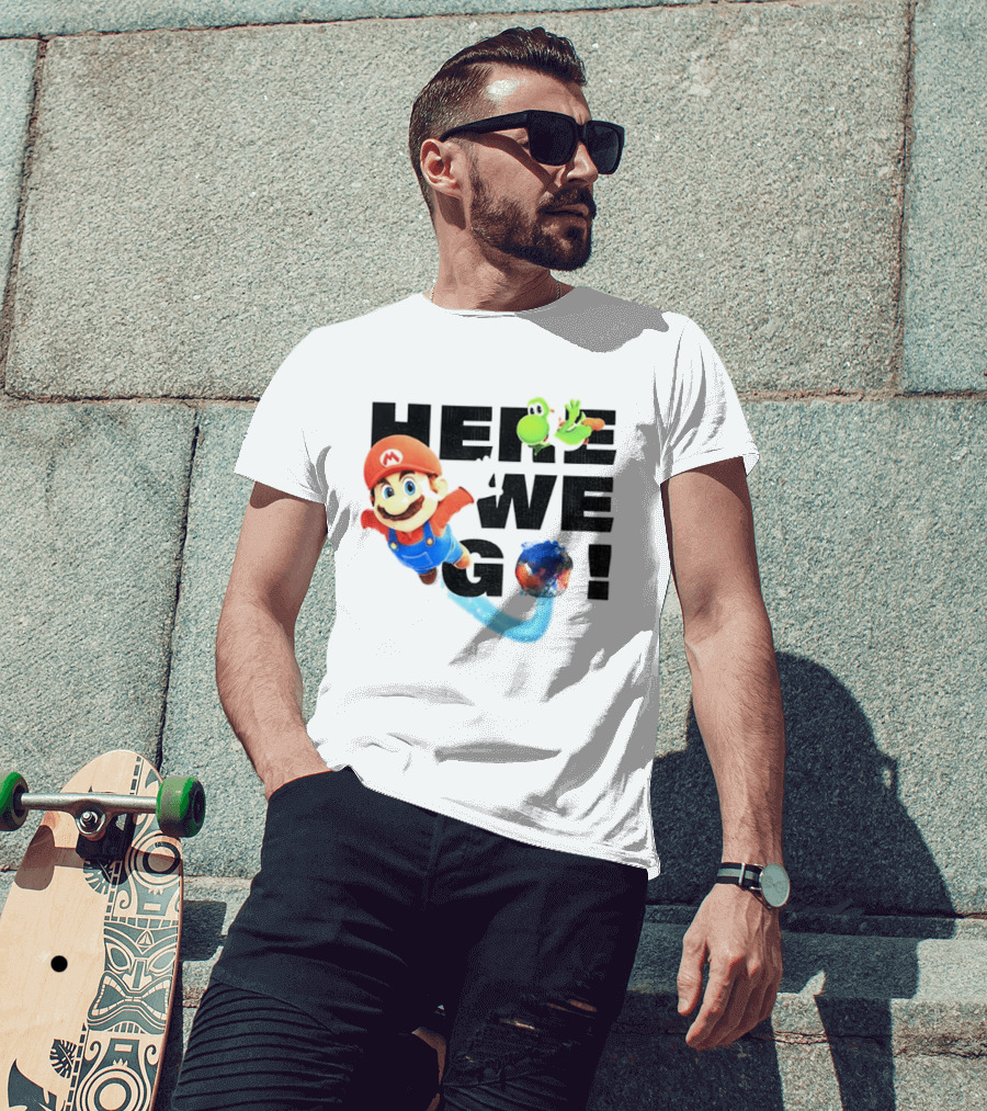Super Mario 2026 Here We Go Featuring Iconic Characters And Exciting Adventure T-Shirt