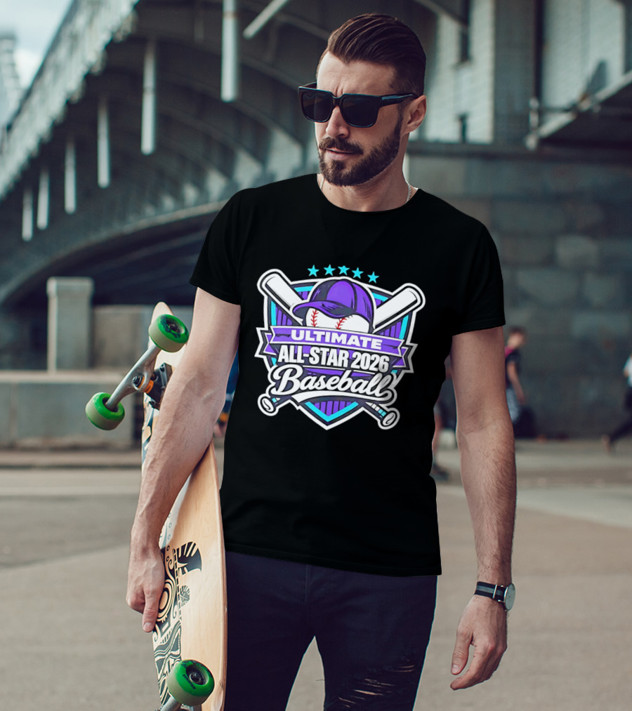 Ultimate All Star 2026 Baseball Purple Cap And Crossed Bats T-Shirt