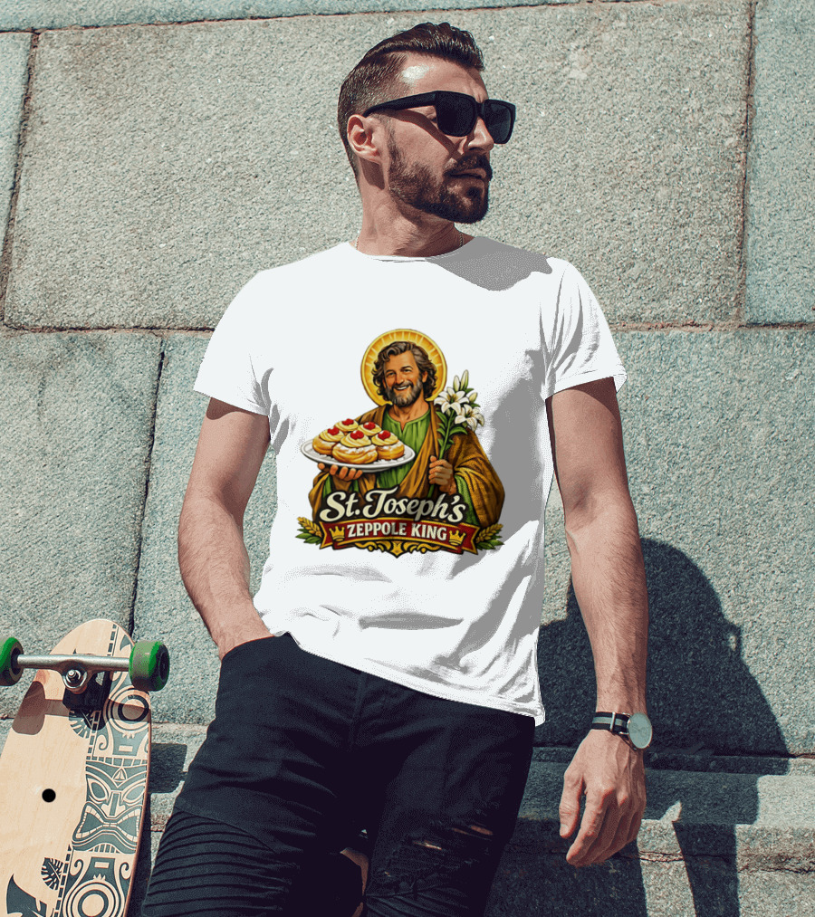 St Joseph's Zeppole King Saint Holding Tray With Flowers T-Shirt