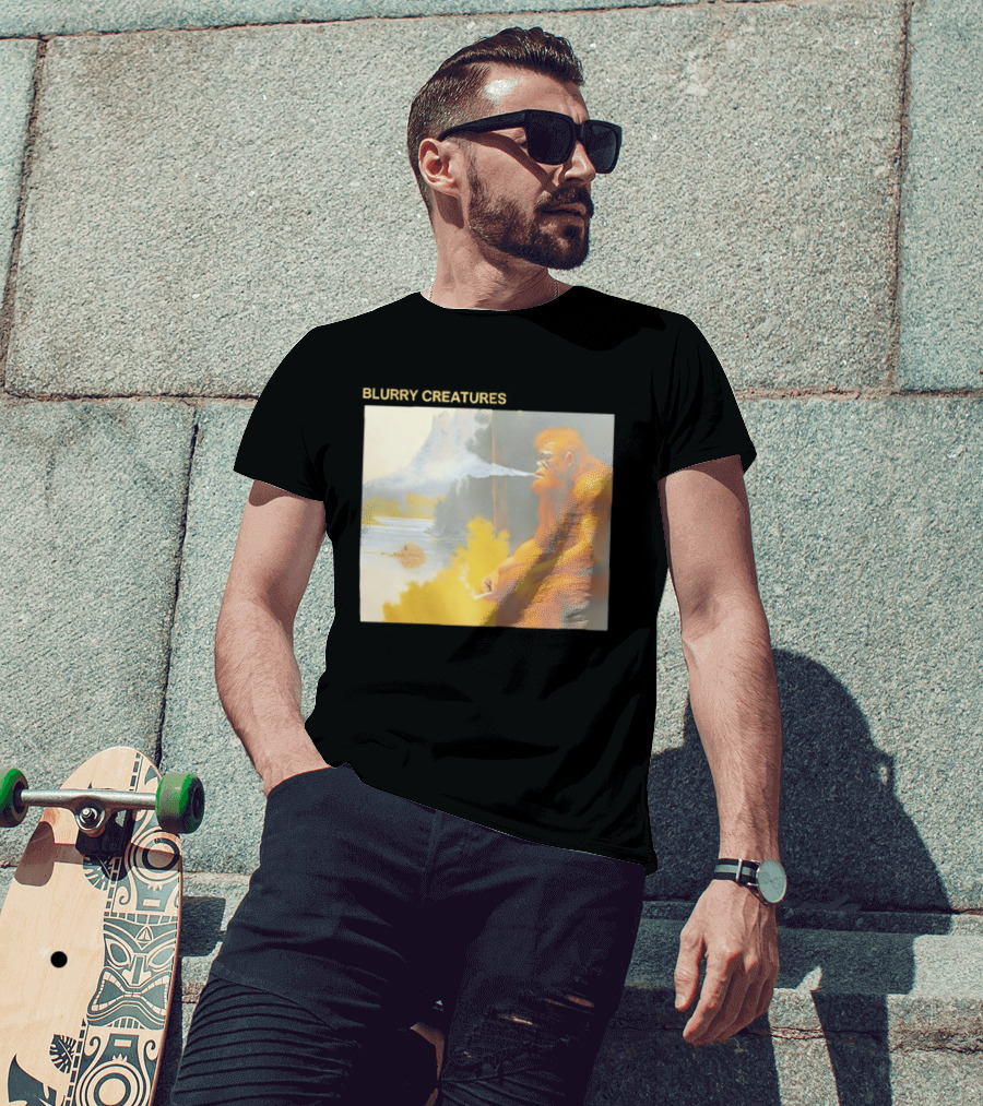 Bigfoot Blurry Creatures Smoking By Lake Mountain Scene T-Shirt
