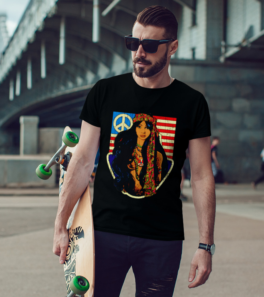 Peace Is Natural 1969 Bohemian Hippie Woman American Flag T-Shirt